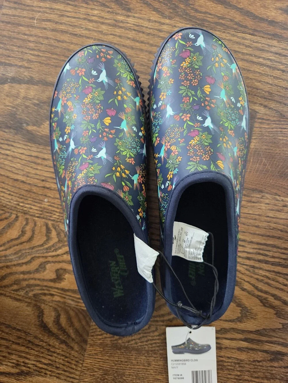 Western Chief Navy Floral 'Hummingbird' Rain Clogs with Multicolor Bird Print